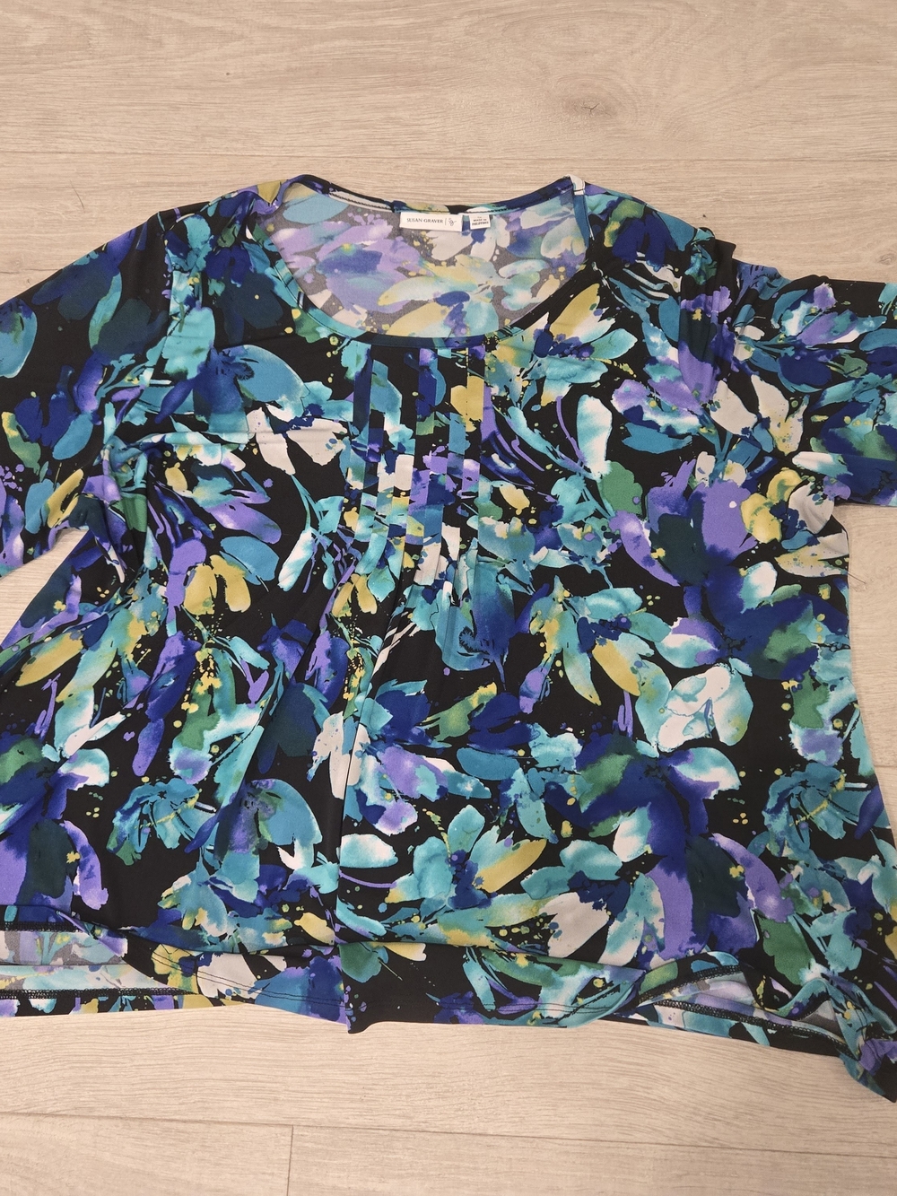 Susan Graver Blue Multi Floral Pleat-Front Scoop Neck Blouse